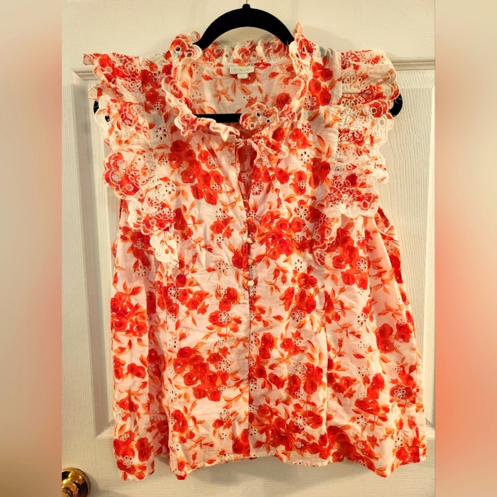 Ruffled Floral Button-Front Blouse - White with Orange-Red Print